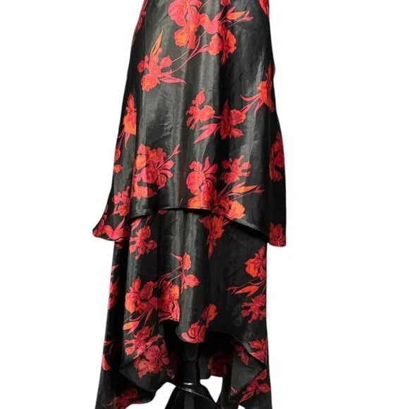 Vintage Y2K Floral Halter Cocktail Dress, Satin Asymmetrical Tiered Hem - Picture 7 of 10